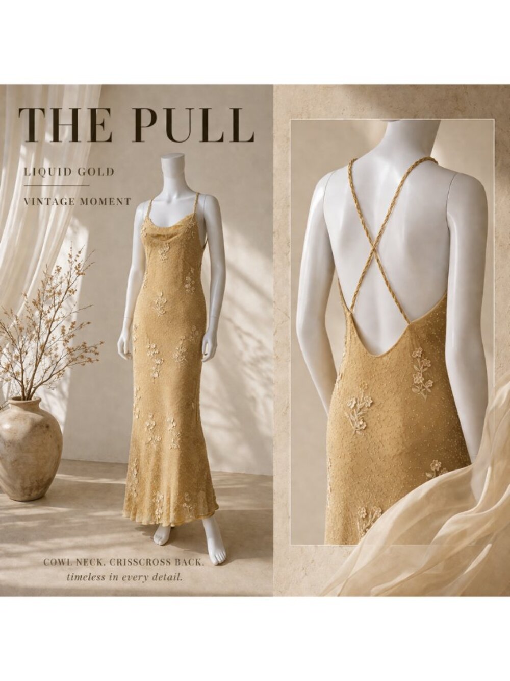 Vintage Gold Slip Dress Cowl Neck Open Back Crisscross Straps Size Small